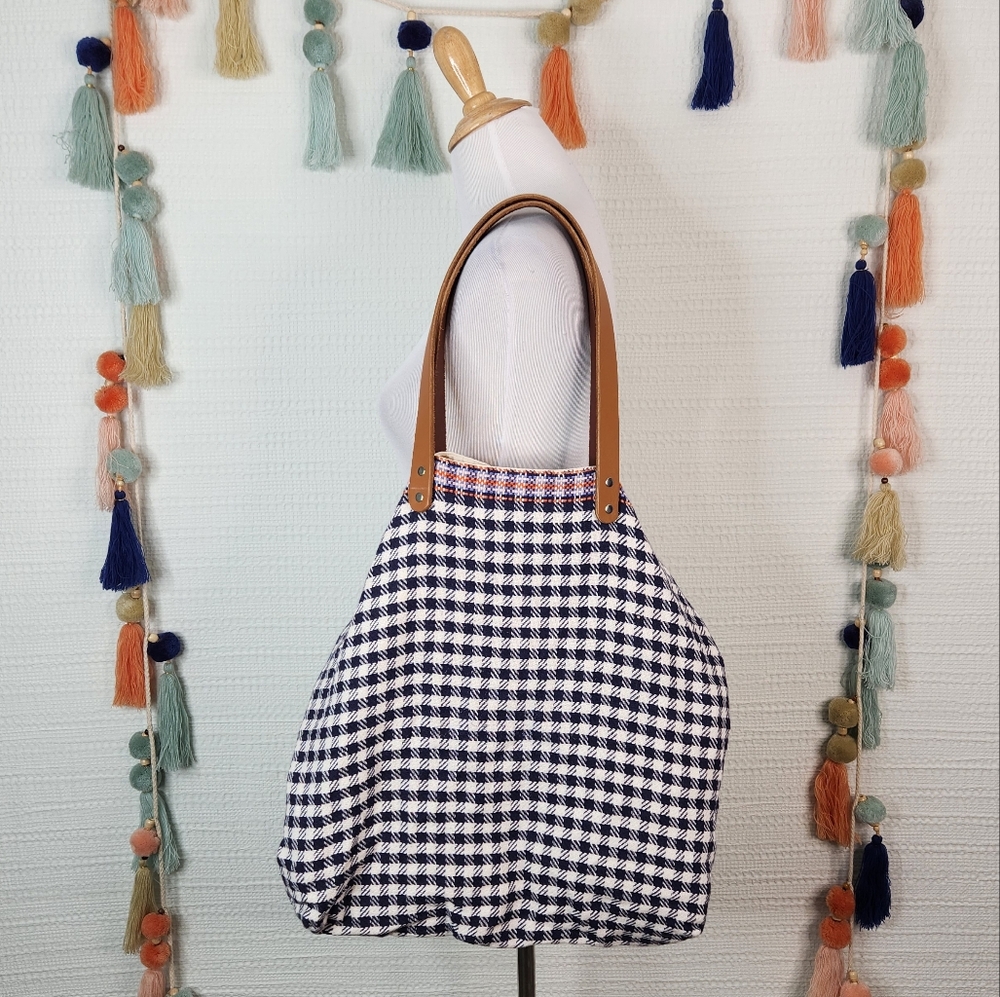Boon Supply Checkered Tote Bag with Tan Leather Handles